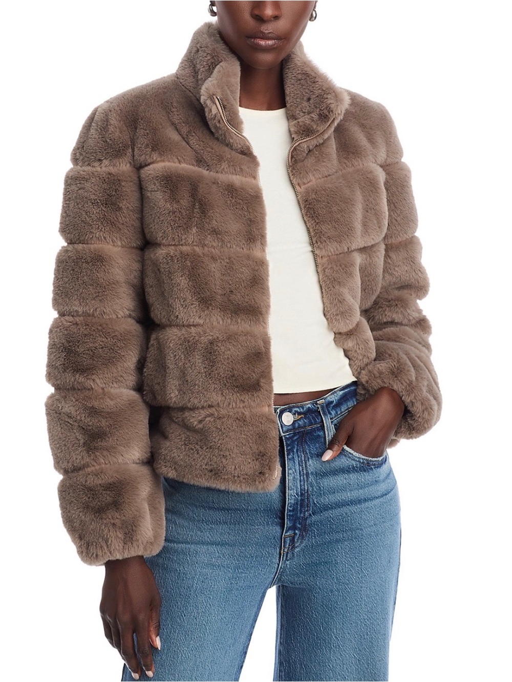 Plush Taupe Faux Fur Teddy Jacket - Women's Cropped Coat